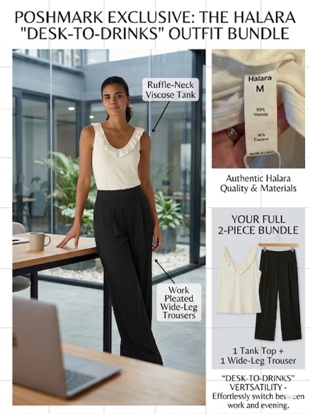 Halara Workwear Bundle M: NWT Ruffle Tank & Wide Leg Waffle Trousers